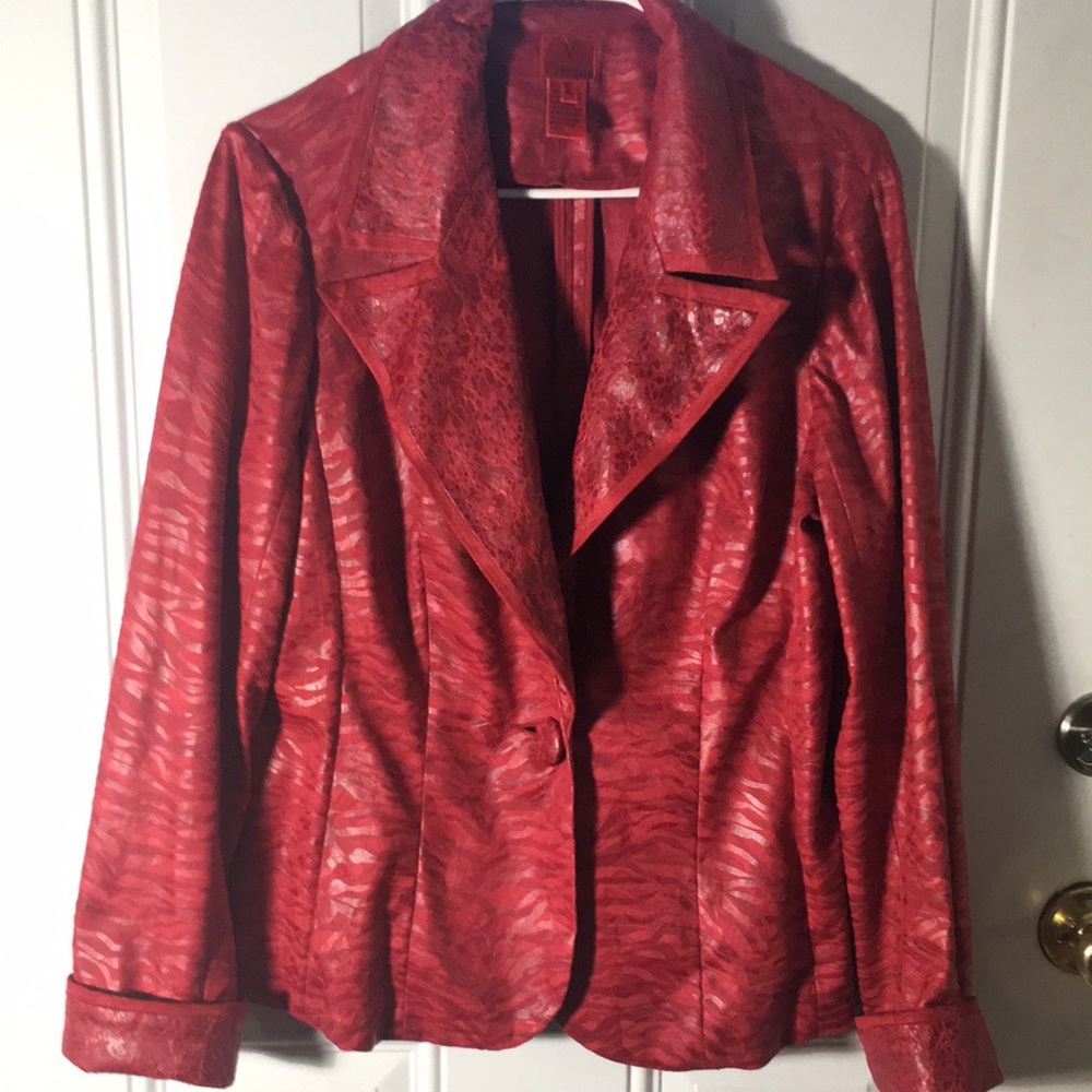 V Christina red lightweight leather look one button blazer jacket size XL